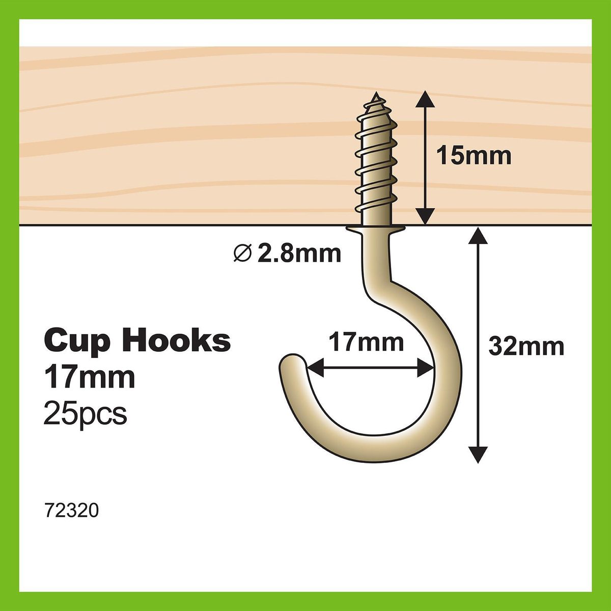 Everhang Cup Hooks - 17mm - Brass Plated - 25 Pack