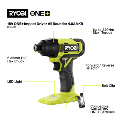 Ryobi Impact Driver All Rounder Kit - R18ID24 - 18V ONE+ - 4.0Ah