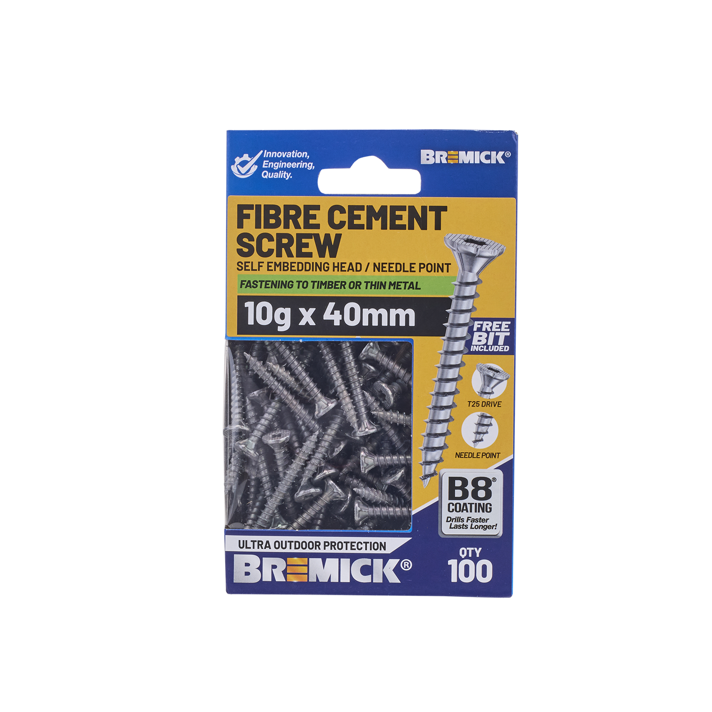 Bremick Fibre Cement Screw - 10g x 40mm - T25 B8 - 100 Pack
