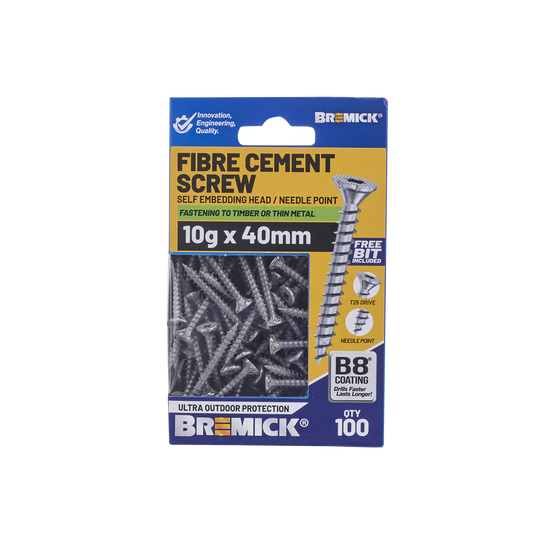 Bremick Fibre Cement Screw - 10g x 40mm - T25 B8 - 100 Pack
