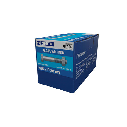 Zenith Galvanised Hex Head Bolts & Nuts - M8 x 90mm - 25 Pack