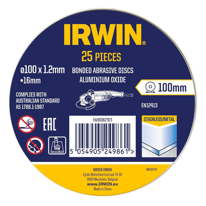 Irwin Metal Cut Off Disc 100mm 25pk - Aluminium Oxide - 1.2 x 16mm