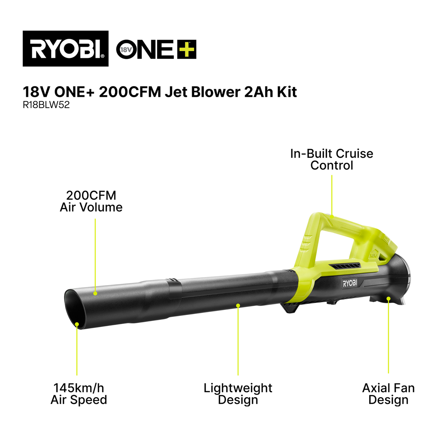 Ryobi One Jet Blower Kit - 18V - 200CFM - 2Ah