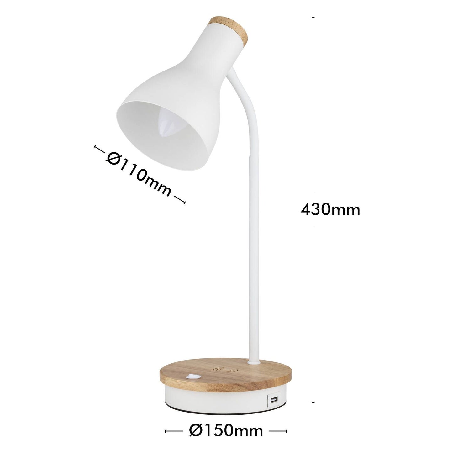 Mercator Billingham Desk Lamp - Wireless Charging - 150 x 430mm