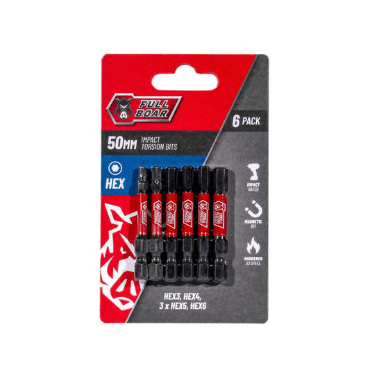 Full Boar Magnetic Impact Torsion Bit Set HEX x 50mm 6 Pack