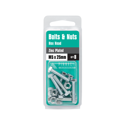 Pinnacle Hex Head Bolts and Nuts - M5 x 25mm - 8 Pack