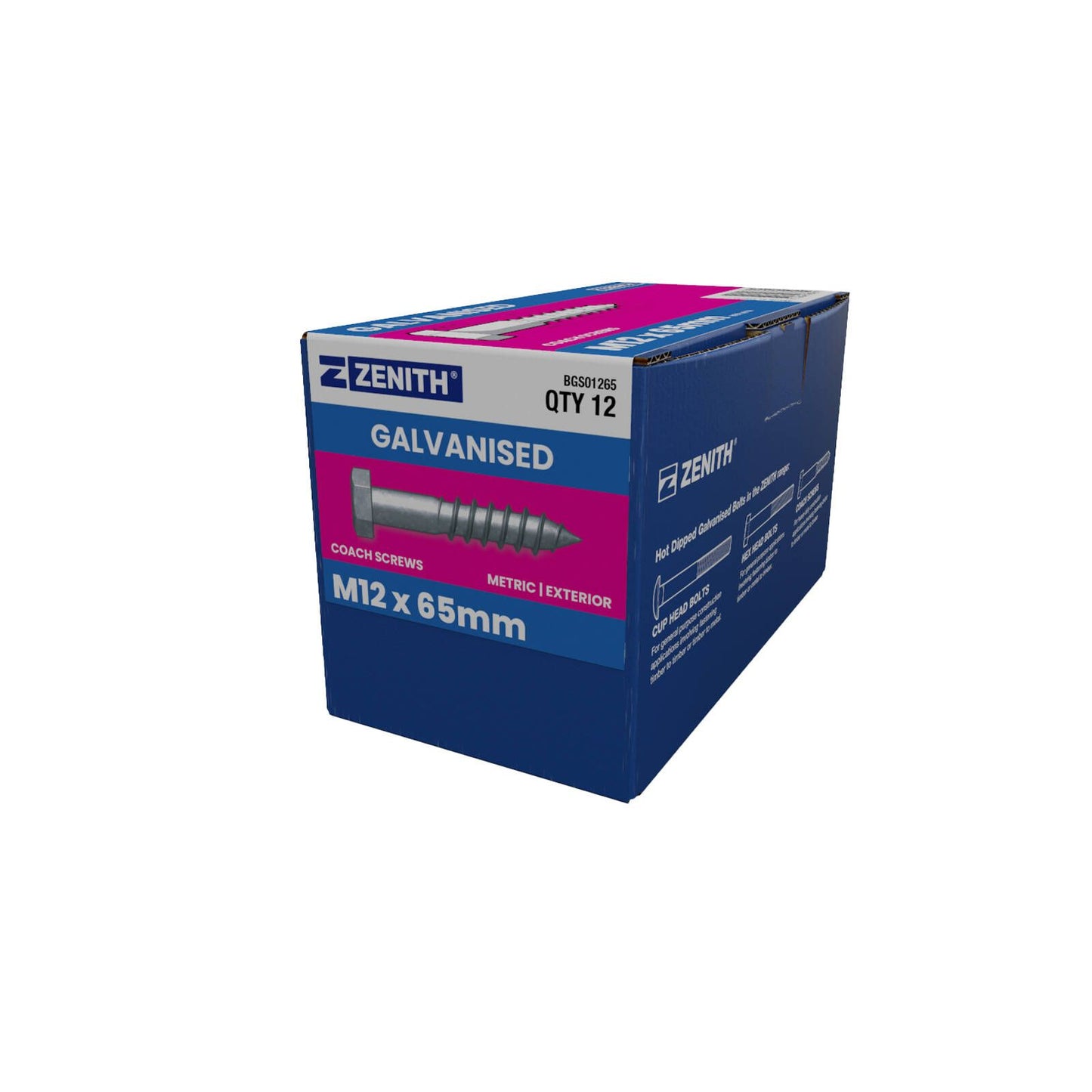 Zenith Hot Dip Galvanised Hex Head Coach Screws - M12 x 65mm - 12 Pack