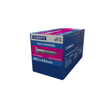 Zenith Hot Dip Galvanised Hex Head Coach Screws - M12 x 65mm - 12 Pack