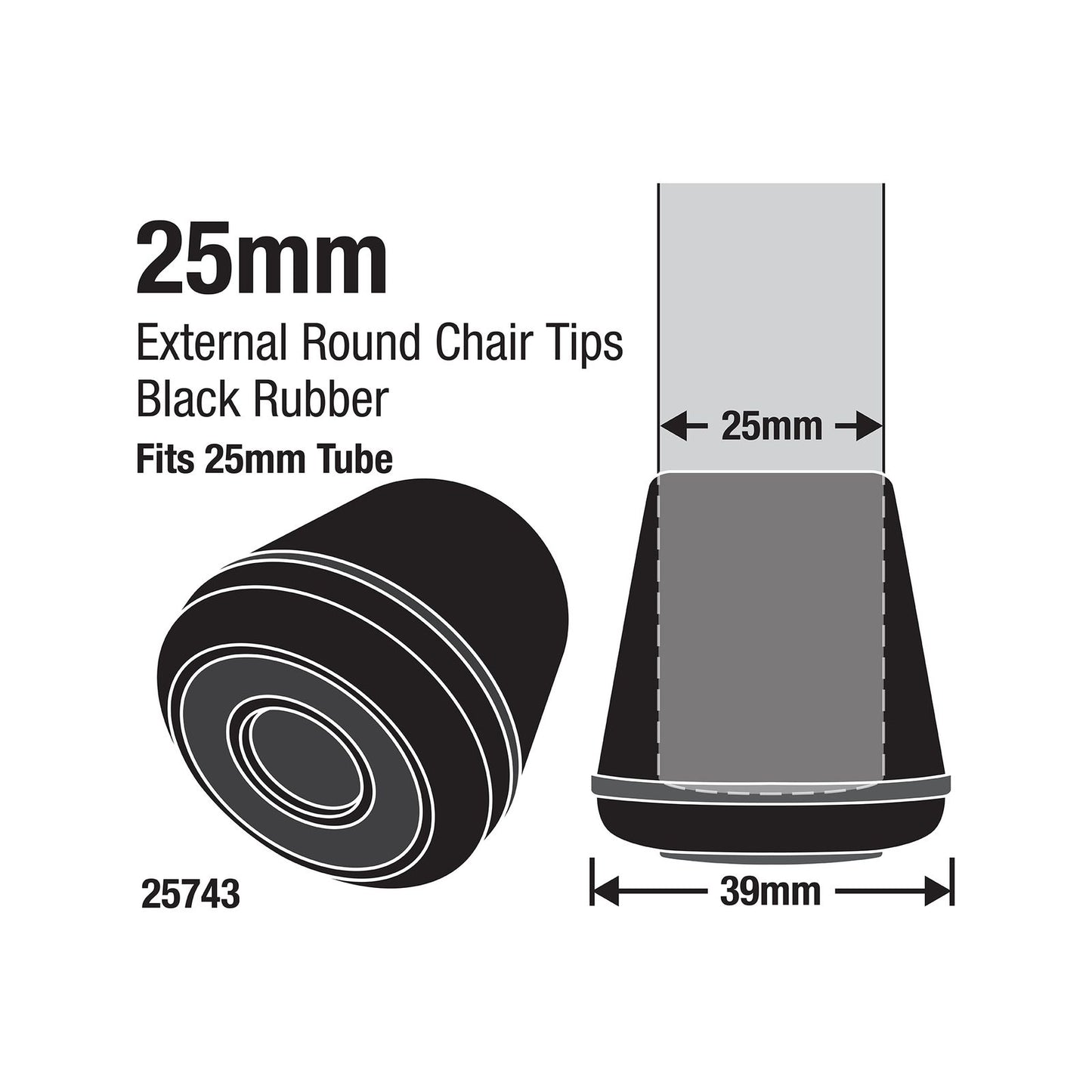 Surface Gard Black Round Rubber Chair Tips - 25mm - 4 Pack