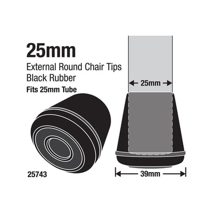 Surface Gard Black Round Rubber Chair Tips - 25mm - 4 Pack