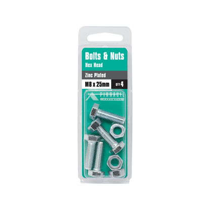 Pinnacle Hex Head Bolts and Nuts - M8 x 25mm - 4 Pack