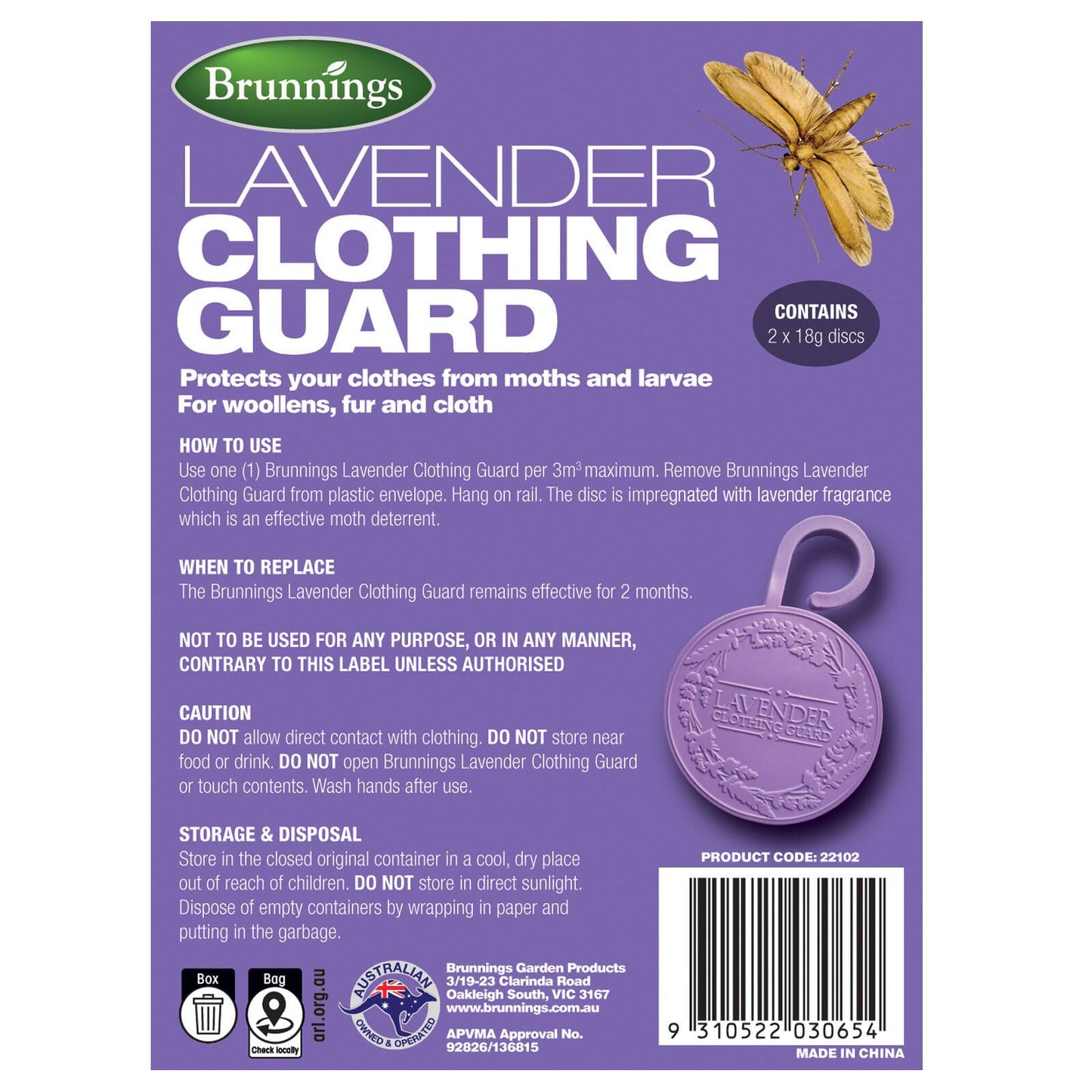 Brunnings Lavender Clothing Guard Hanging Disk - 2 Pack