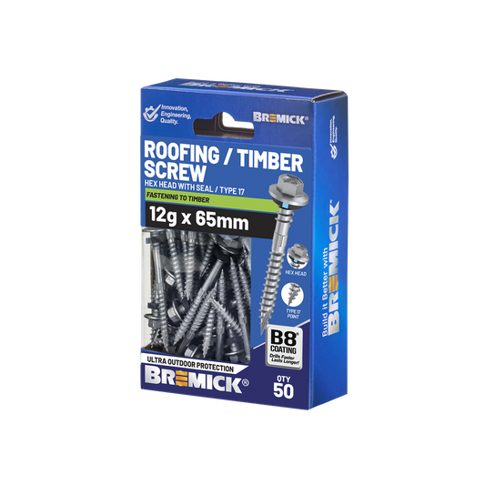 Bremick Hex Roofing Screw - 12g x 65mm - B8 - 50 Pack