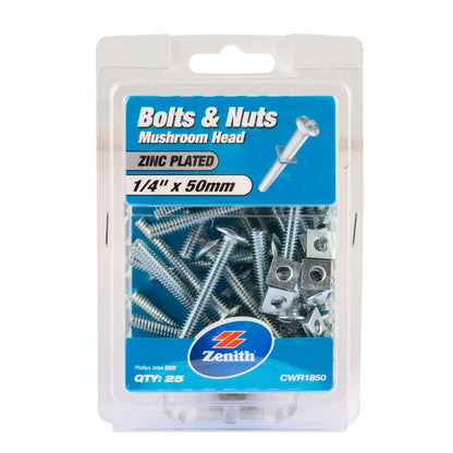 Zenith Mushroom Head Bolt and Nut - 1/4 x 50mm - 25 Pack