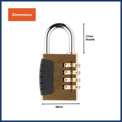 Wordcode 38mm Brass 4 Dial Resettable Padlock
