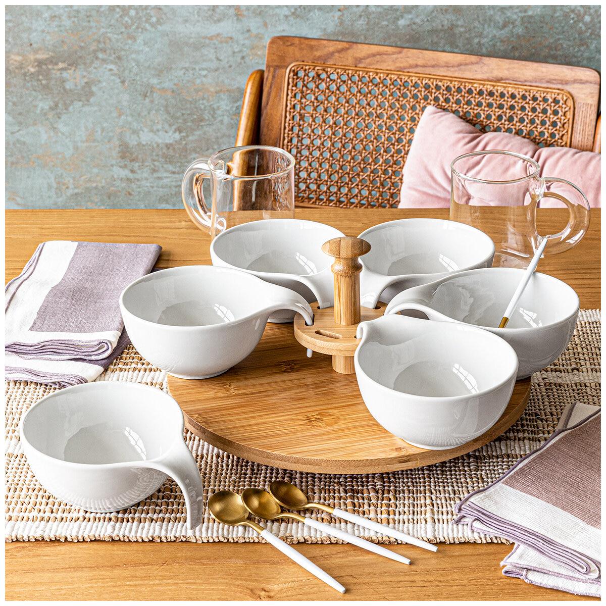over&back Lazy Susan Bamboo Base With Porcelain Dishes Set 7 Piece