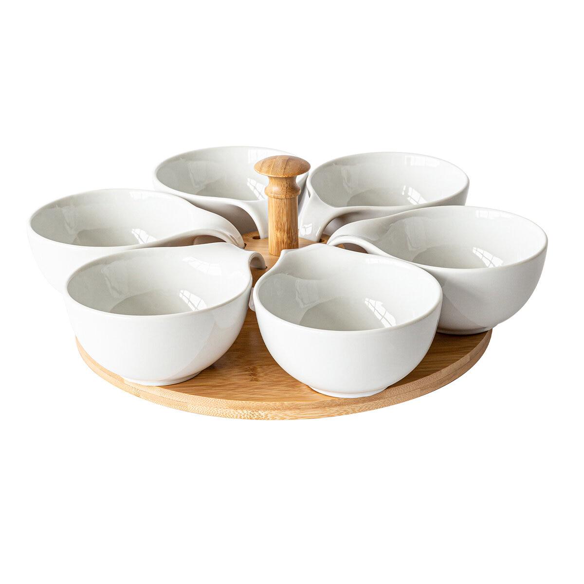 over&back Lazy Susan Bamboo Base With Porcelain Dishes Set 7 Piece