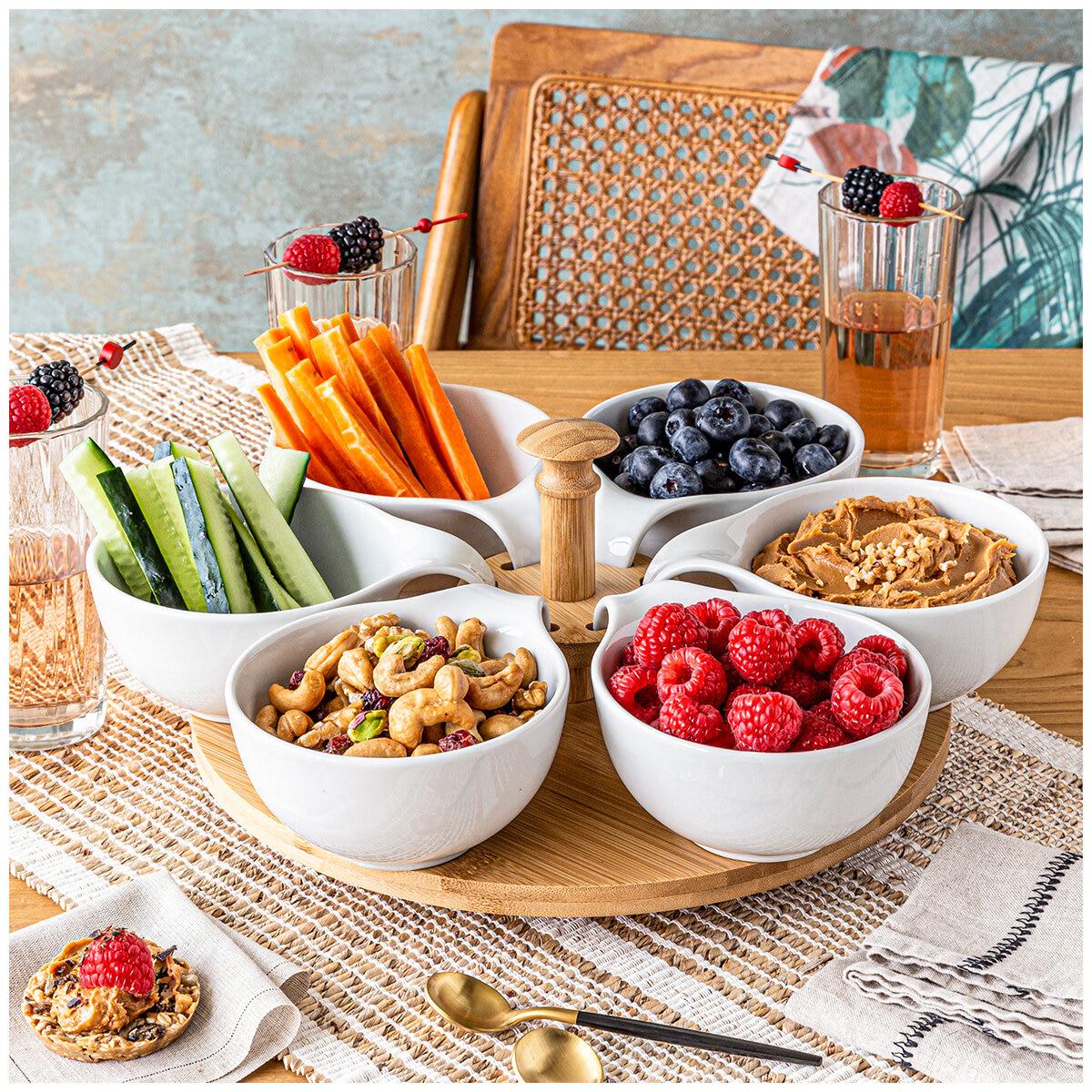 over&back Lazy Susan Bamboo Base With Porcelain Dishes Set 7 Piece