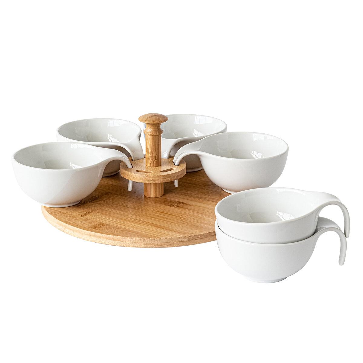 over&back Lazy Susan Bamboo Base With Porcelain Dishes Set 7 Piece